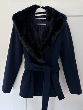 Alex Marie Navy Wool Coat with Faux Fur Trim